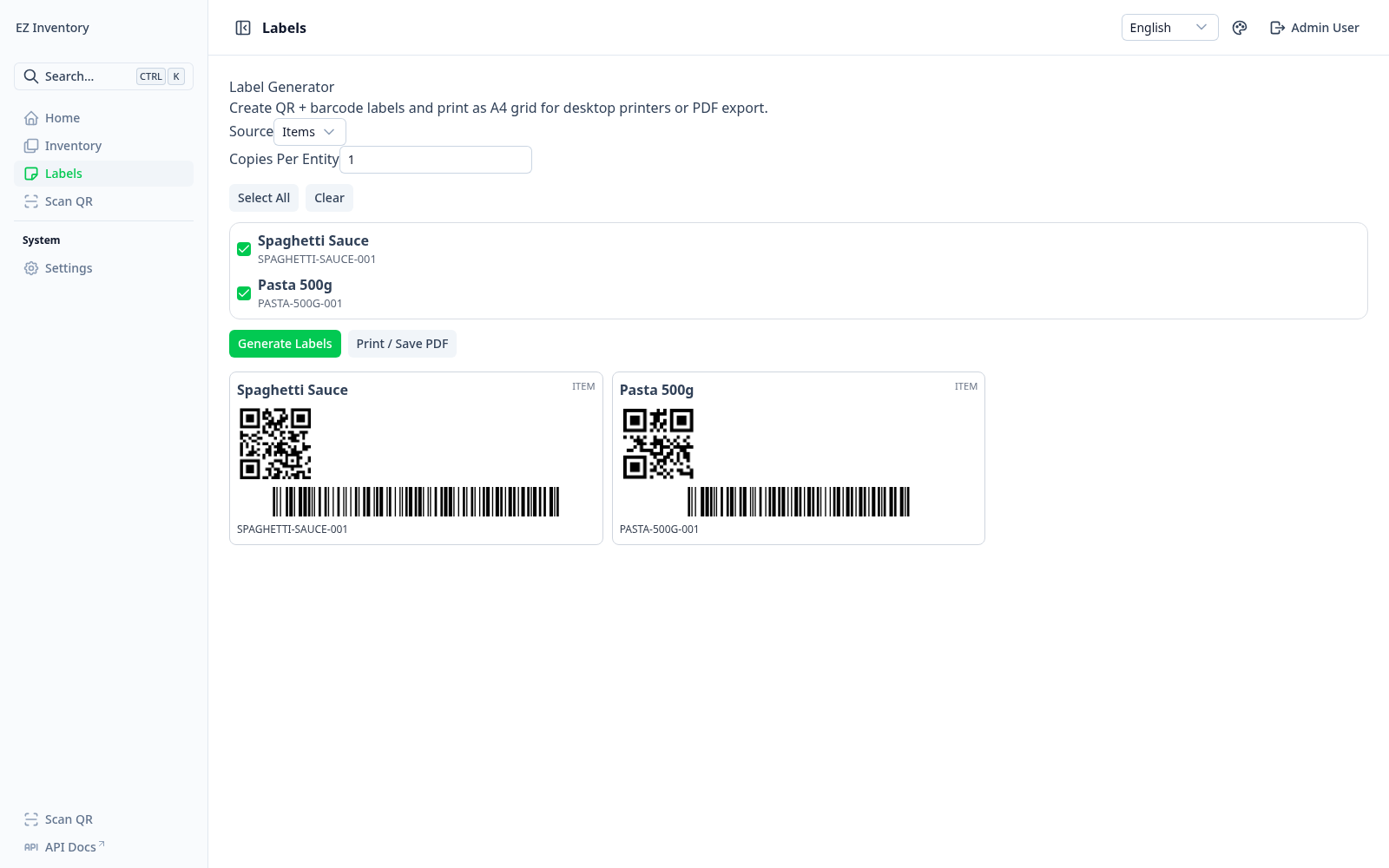 Labels page
