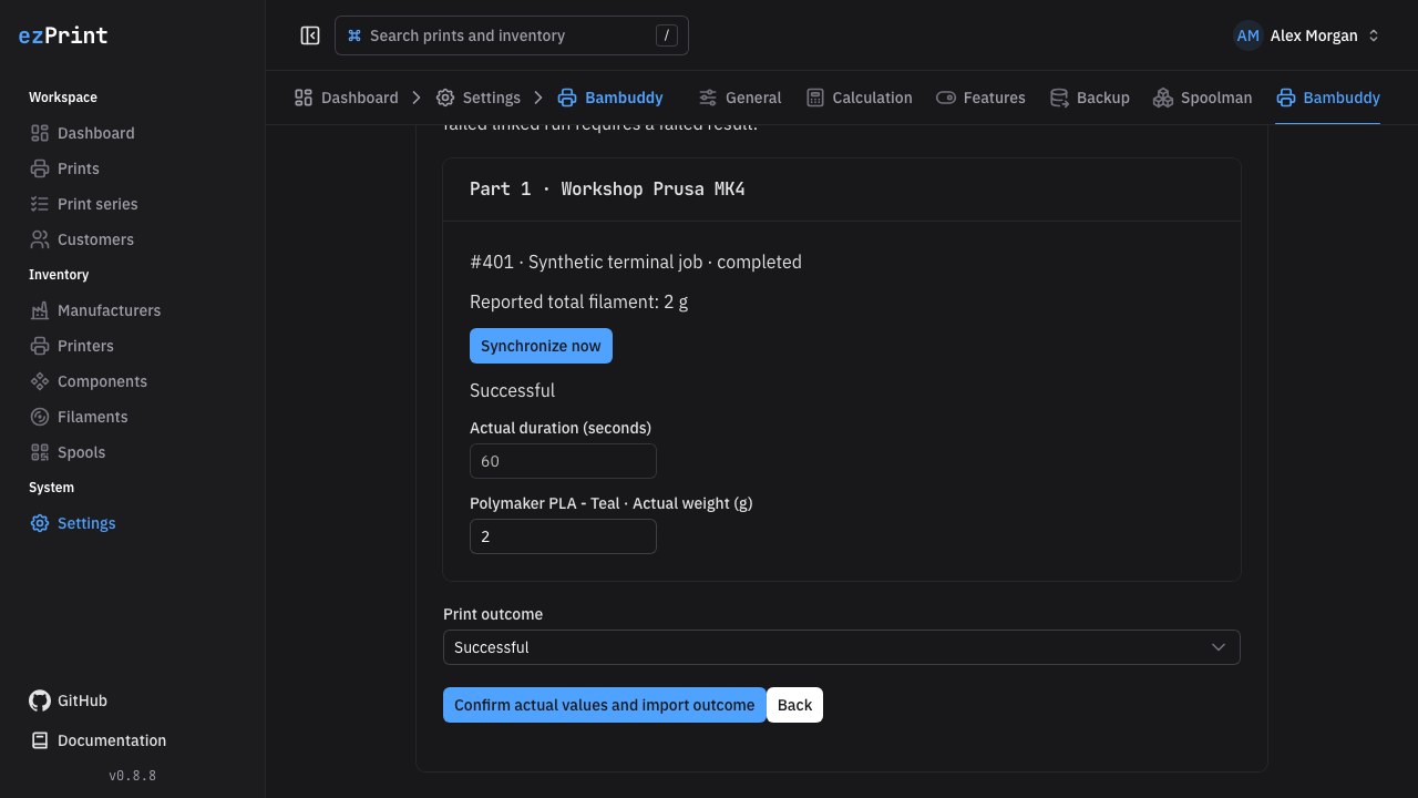 Bambuddy terminal-result preview and explicit outcome confirmation