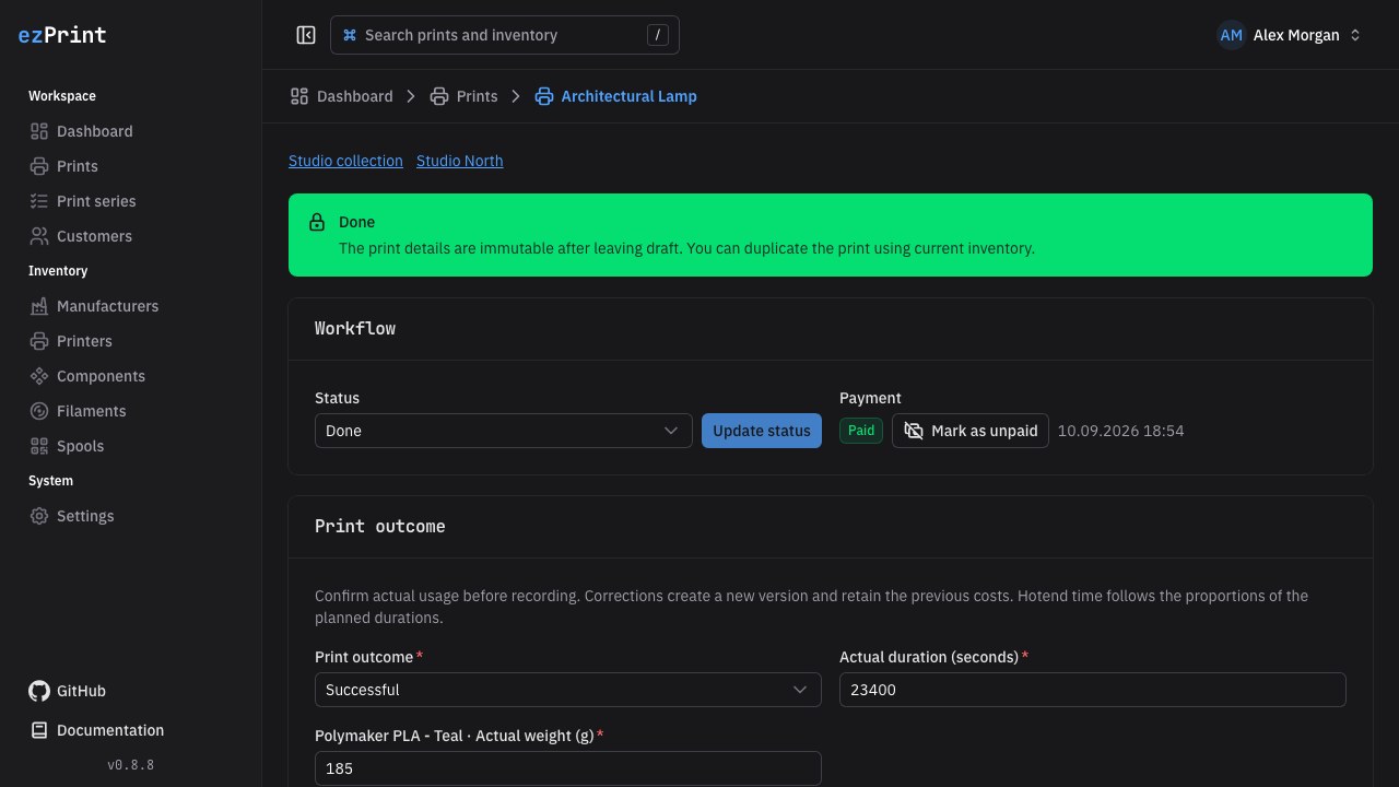 Done and paid print with its immutable banner and disabled input fields
