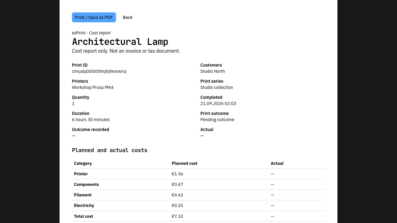 A4 cost report with stored prices, planned totals, and optional actual values