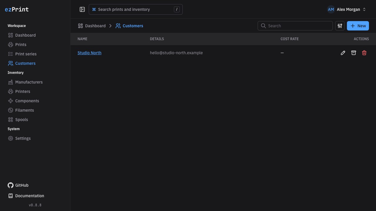 Customers page with search, table options, actions, and a sample customer