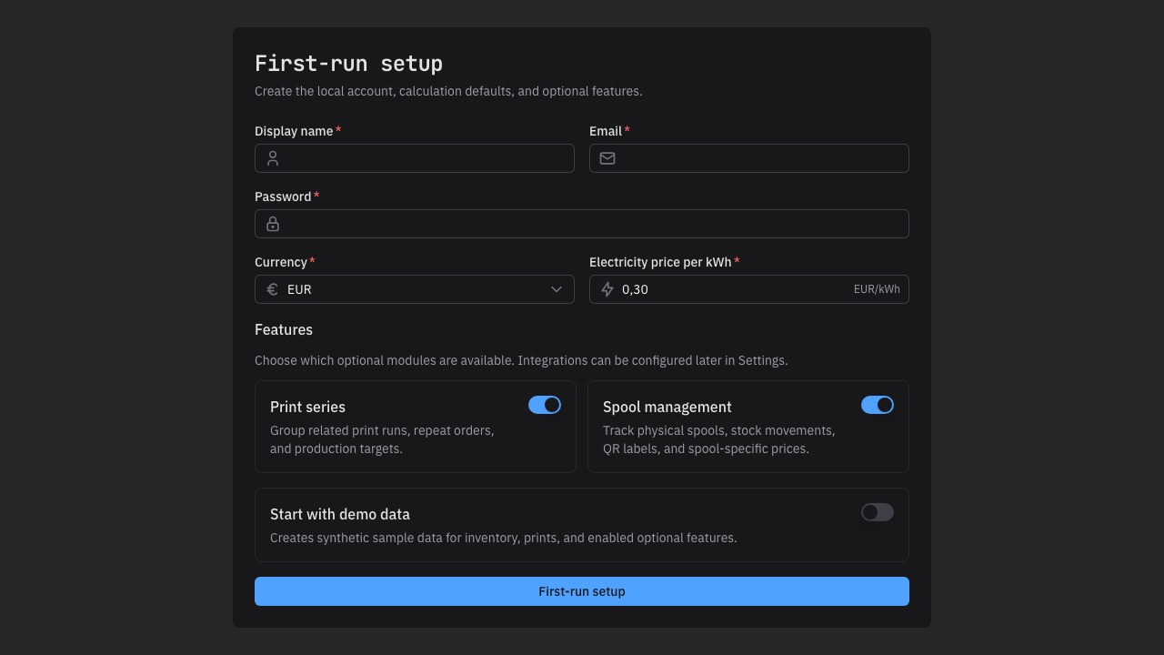 First-run setup form in US English