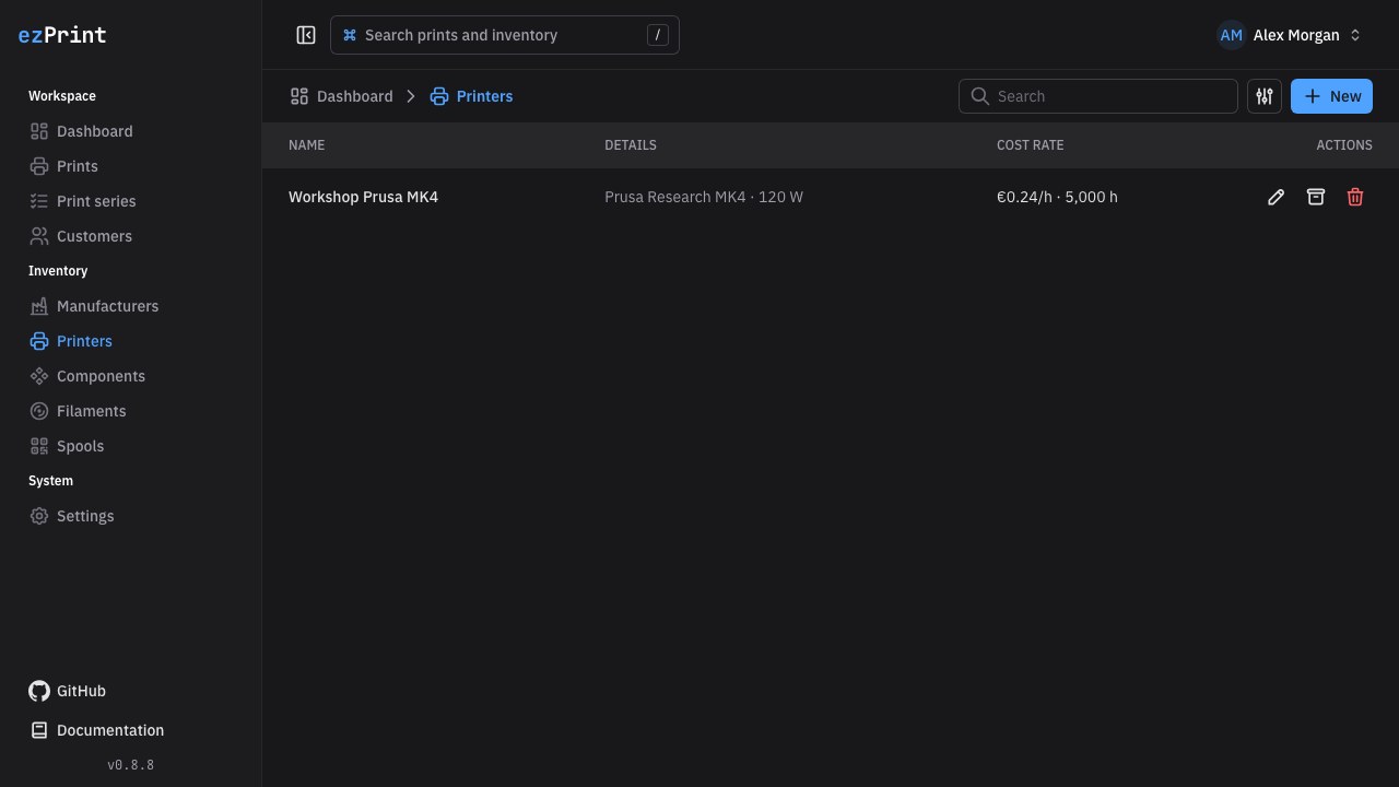 Printers page showing machine details and calculated hourly rate