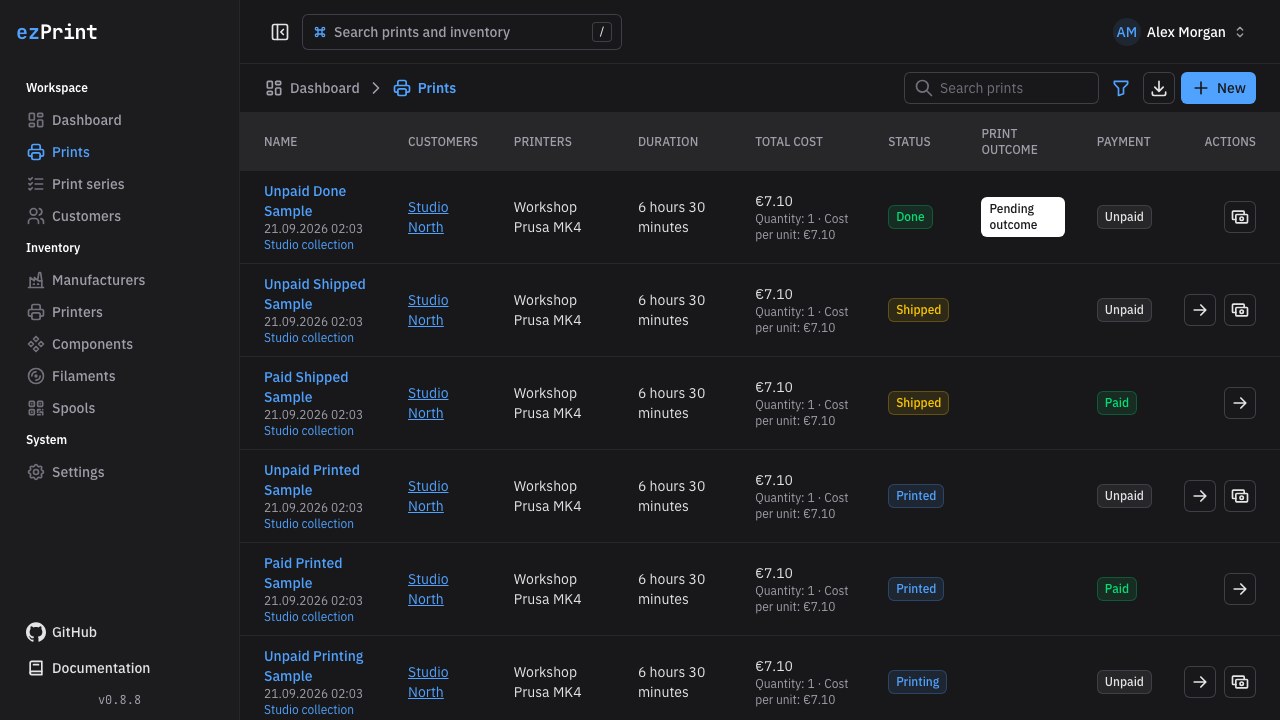 Prints page showing paid and unpaid examples for every workflow status