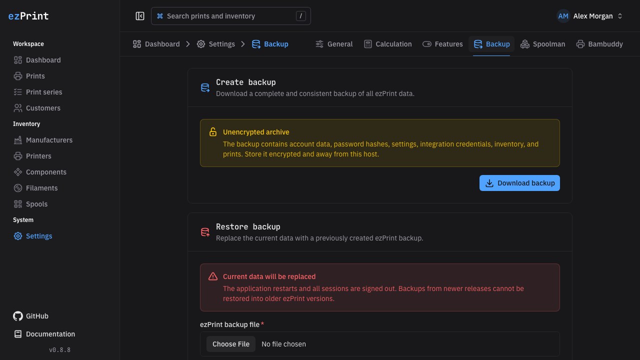 Backup settings with download and restore controls