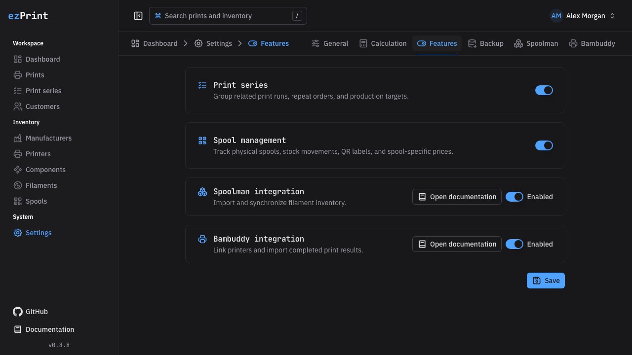 Feature settings for print series, spool management, and integrations