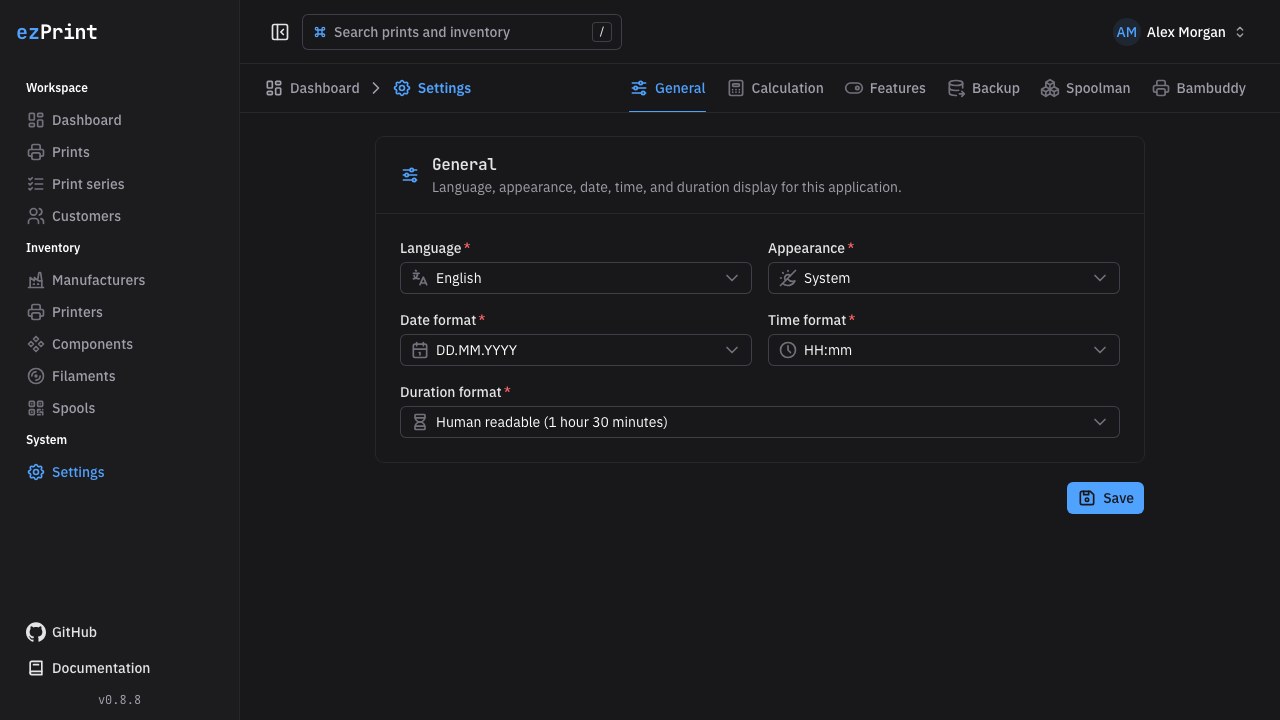 Settings page with linked configuration tabs