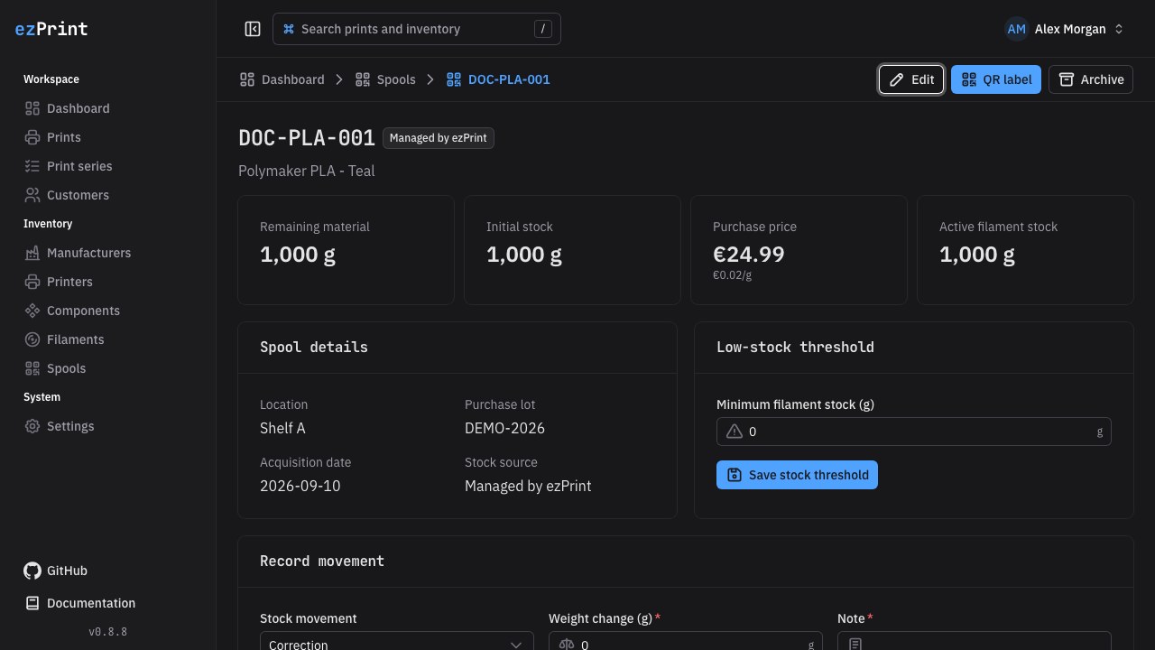 Spool detail with acquisition fields and append-only stock history