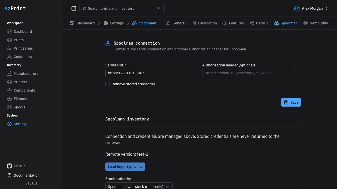 Spoolman preview with explicit stock authority