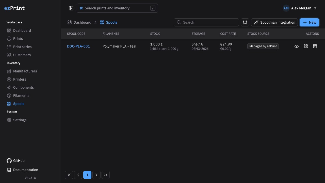 Spool inventory with remaining material and location