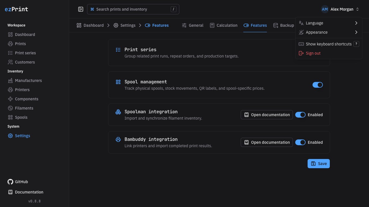 User menu with language, appearance, and sign-out actions